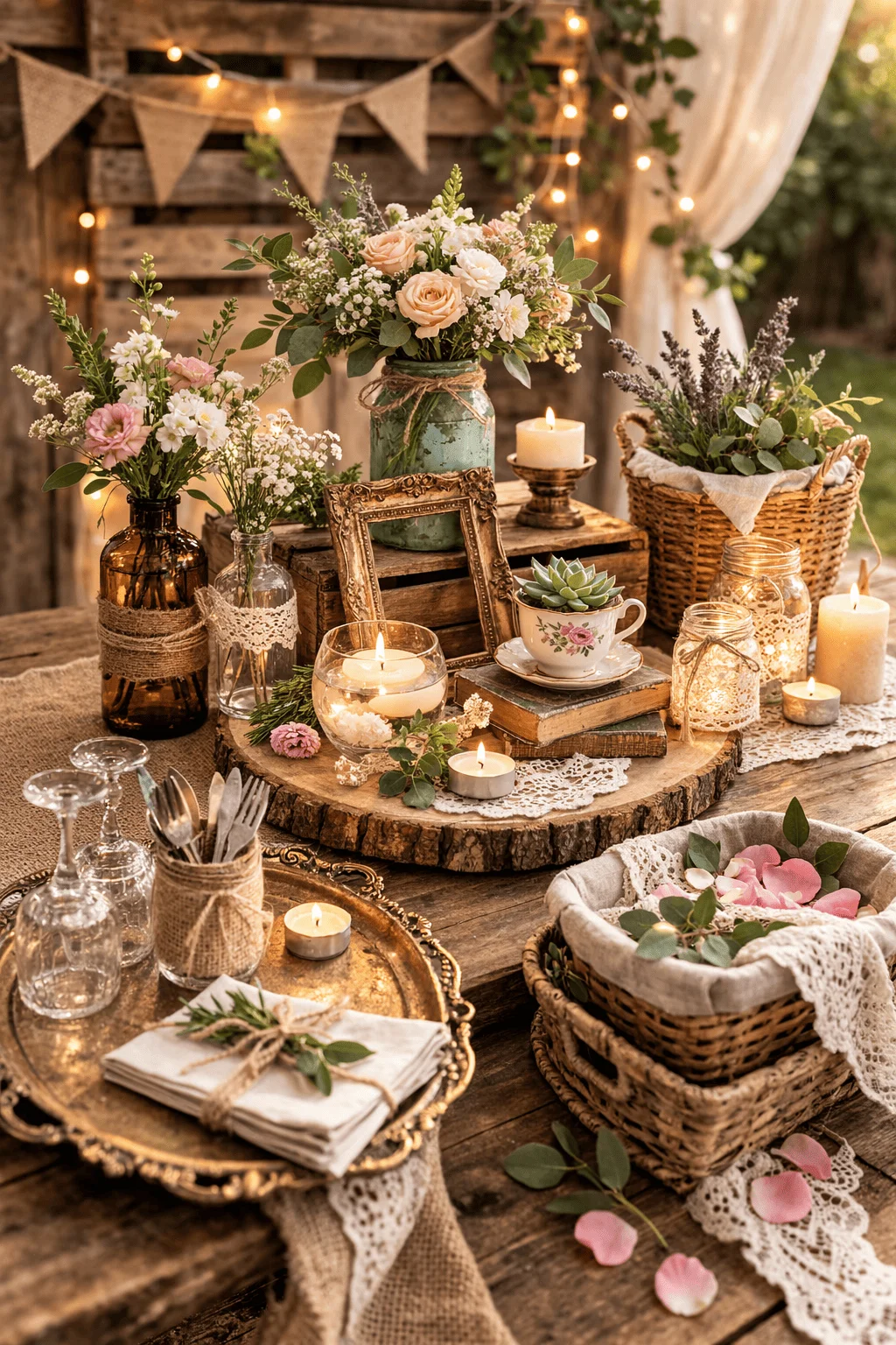 Rustic upcycled party decor with thrifted glass bottles mason jars candles vintage frame wooden crates lace linens wicker baskets and fresh flowers arranged on a wooden table with warm string lights in the background