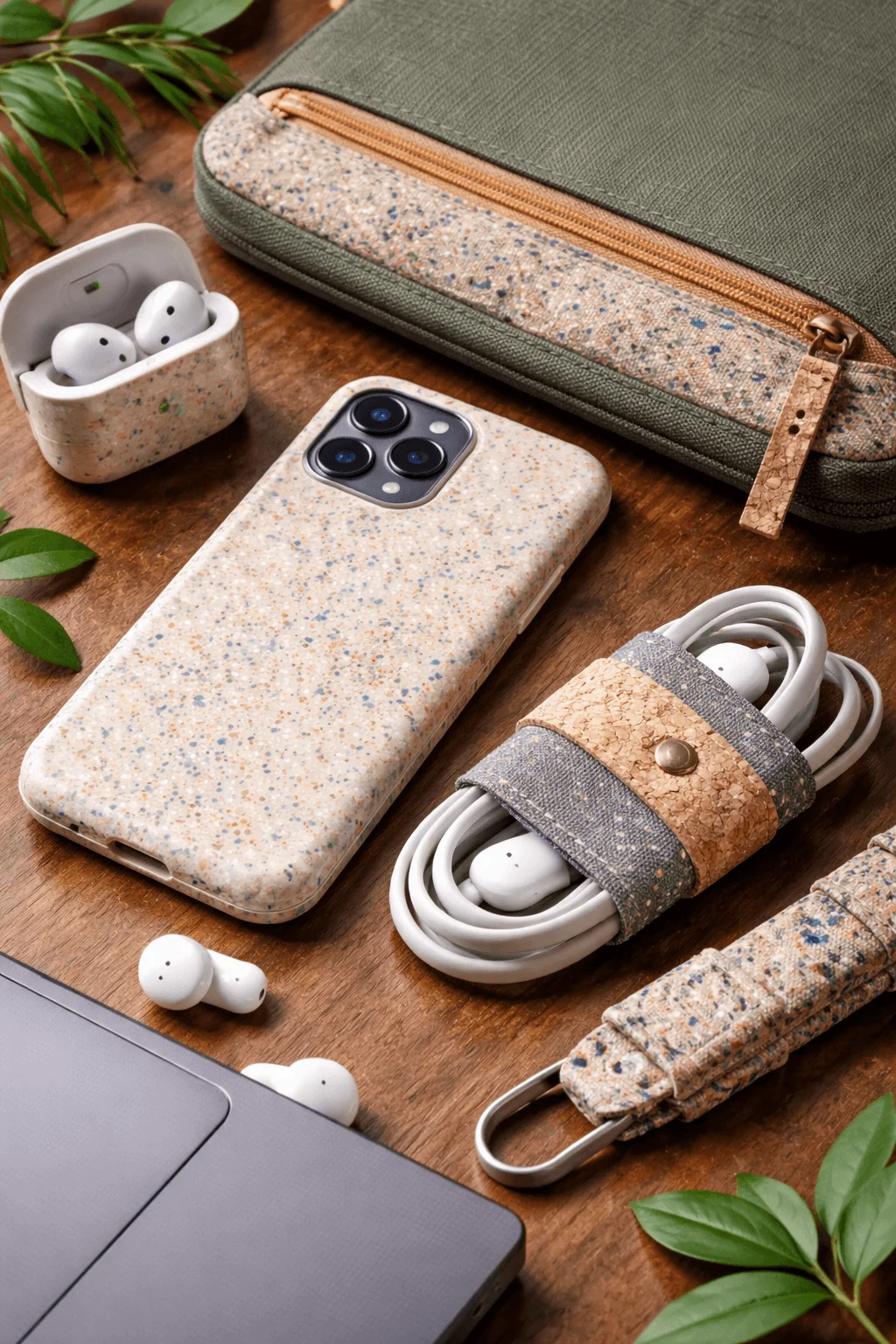 Upcycled tech accessories including speckled phone case earbud case cable organizer fabric pouch and laptop arranged on a wooden table with green leaves
