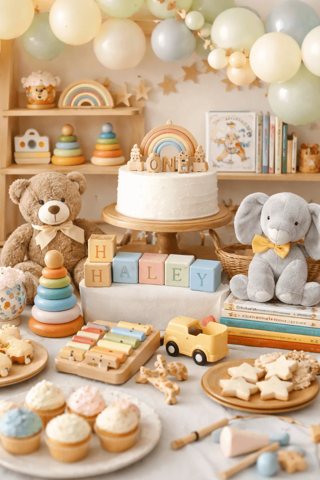 Upcycled toy display for a first birthday party featuring a white cake with rainbow topper and ONE letters surrounded by pastel balloons wooden shelves with books and stacking toys teddy bear and elephant plush alphabet blocks spelling a name wooden xylophone toy truck cookies and cupcakes arranged on a table in a soft neutral nursery setting