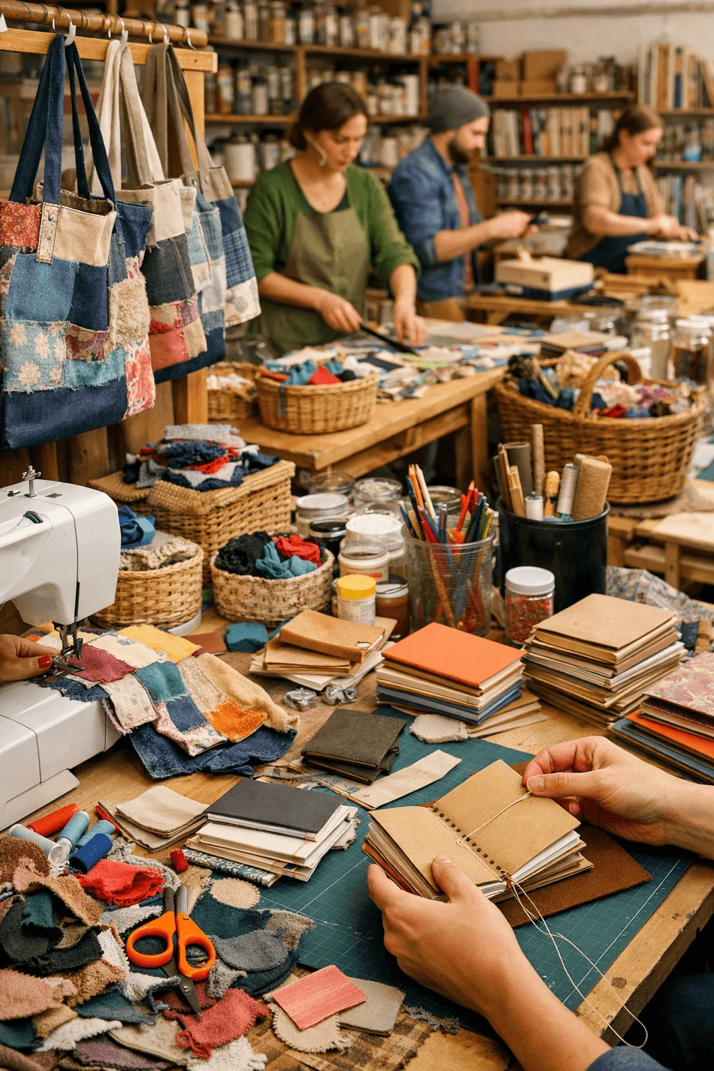 Creative upcycling workshop with people sewing patchwork fabric bags and binding small handmade notebooks at a large wooden table covered in fabric scraps thread scissors and craft supplies with shelves of jars and materials in the background