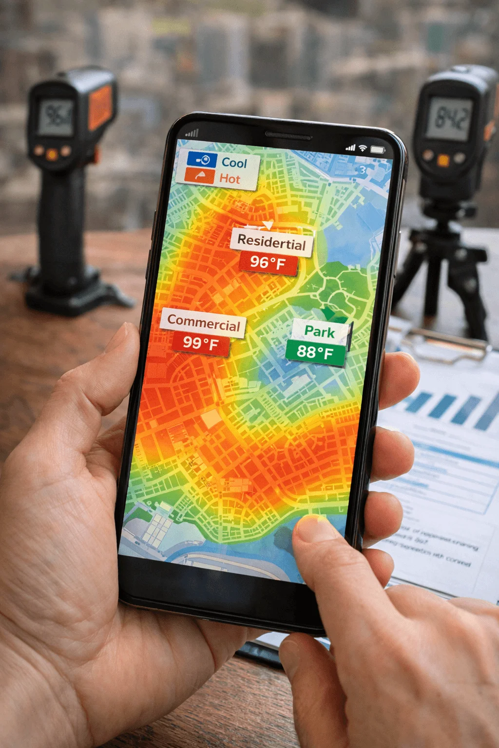 A person holding a smartphone displaying a city heat map that visualizes temperature differences across urban areas. The map highlights urban heat island effects, showing hotter zones such as commercial (99°F) and residential areas (96°F) in red, while cooler areas like parks (88°F) appear in green. In the background are infrared temperature sensors and measurement tools used to collect thermal data, along with charts and documents for analyzing urban temperature patterns.