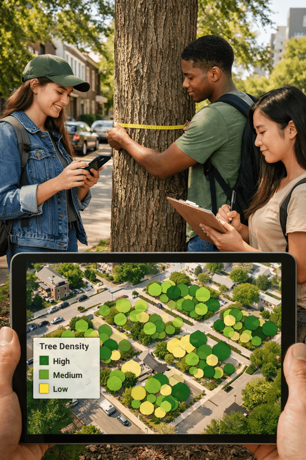 Students measuring the trunk of a city tree with a tape while recording data on a phone and clipboard as a tablet displays a neighborhood map showing tree density levels across urban streets and parks