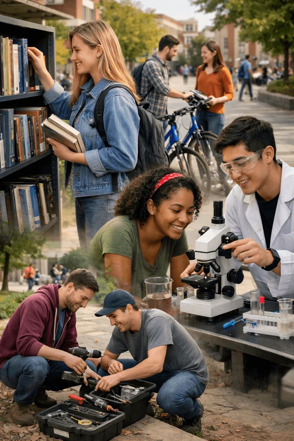 Collage showing students using campus sharing programs including taking books from a community bookshelf, using a shared bicycle, working with lab equipment, and borrowing tools together outdoors.