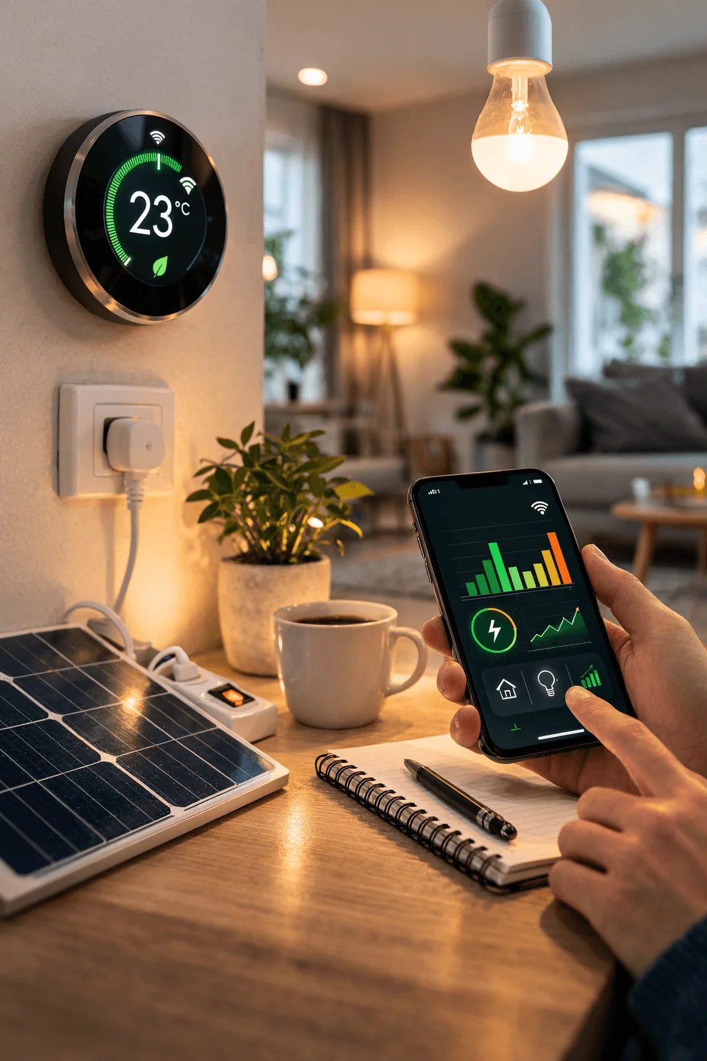 A smart home energy setup where a person uses a smartphone app to monitor electricity usage while a smart thermostat, energy-efficient light bulb, and small solar panel help manage and reduce household energy consumption.