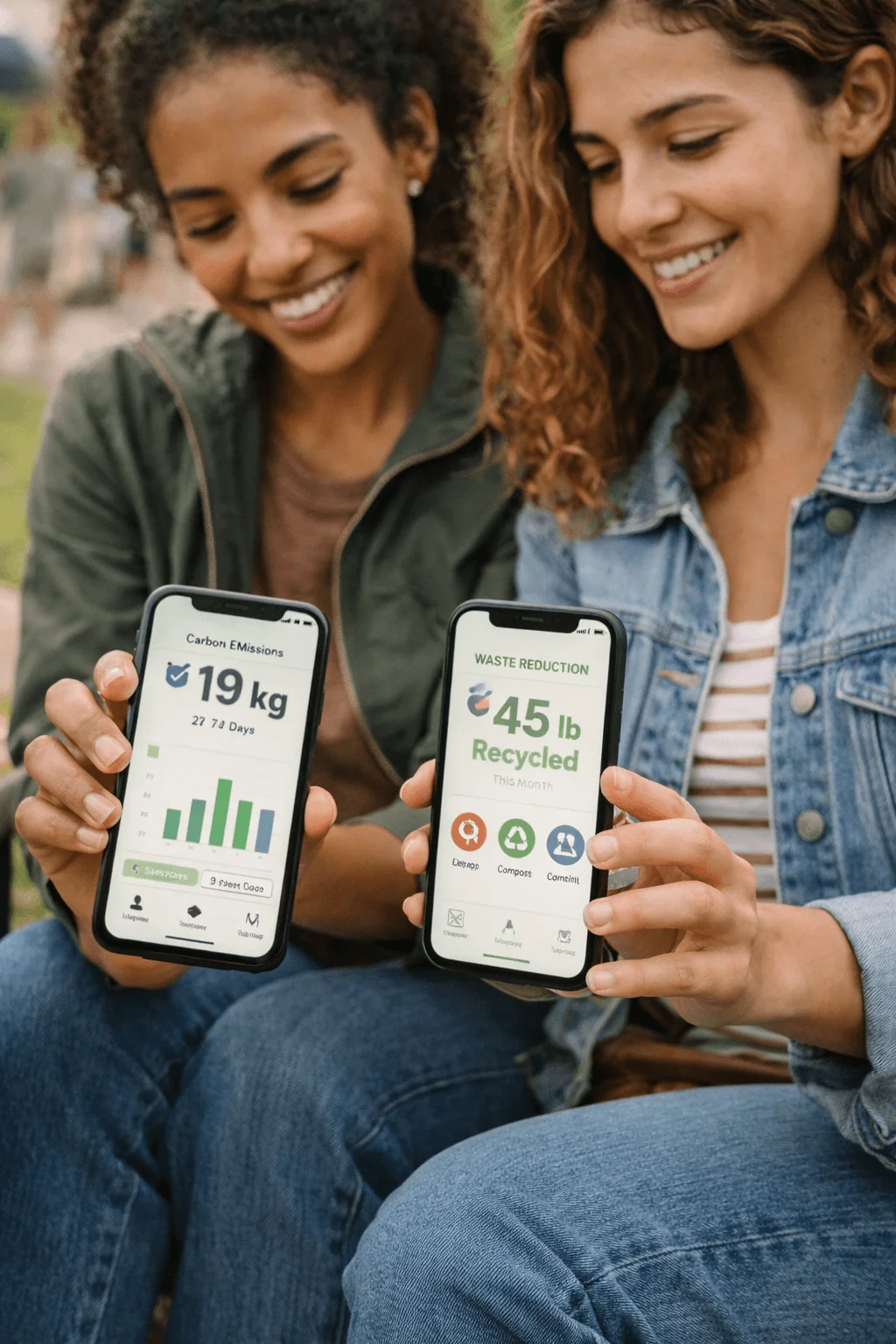 Two students showing smartphone apps that track carbon emissions and waste reduction, demonstrating how technology can support sustainable habits.