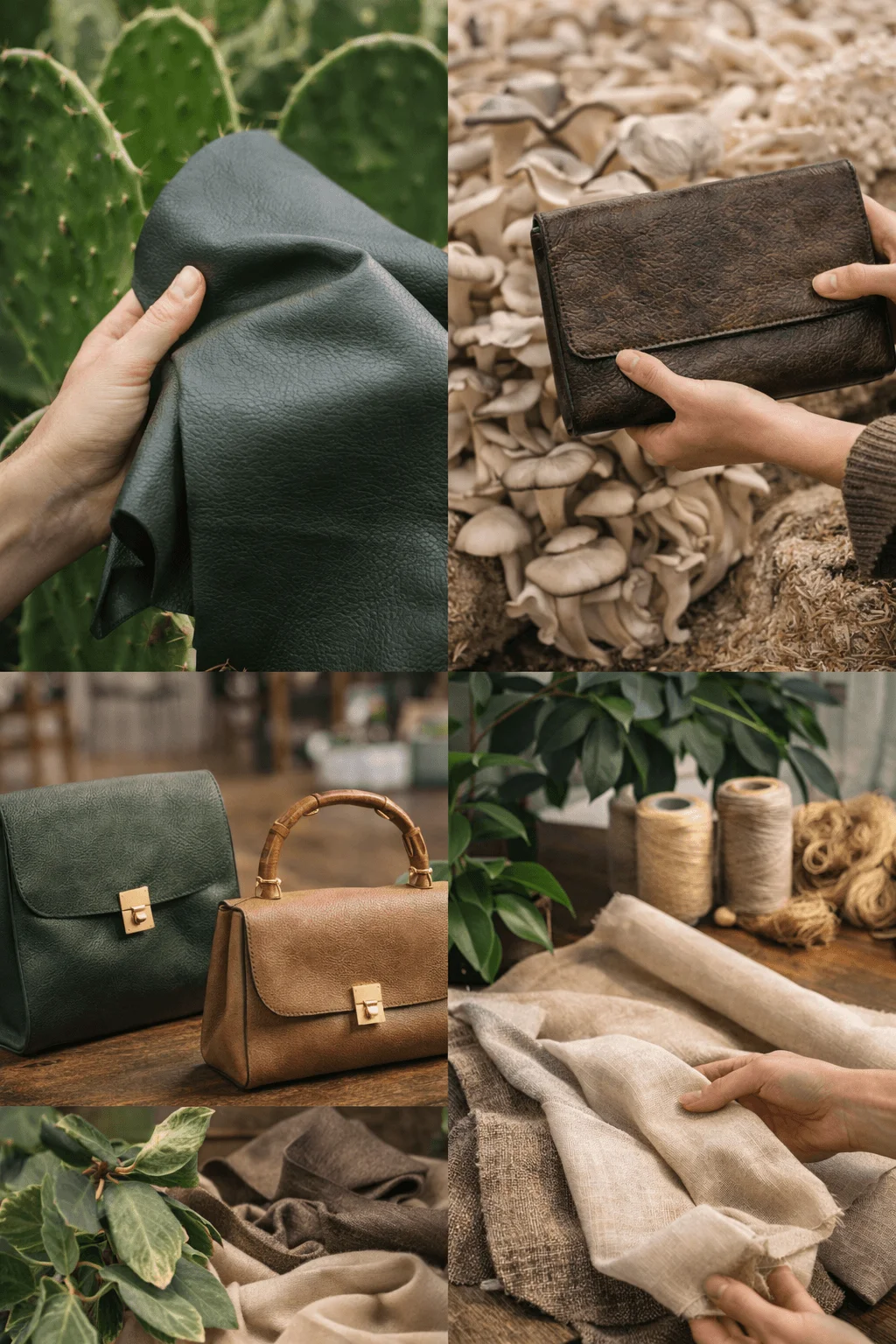 Collage showing vegan and plant-based fashion materials including cactus leather, mushroom leather, natural fibers, and finished bags and accessories made from sustainable alternatives to animal leather.