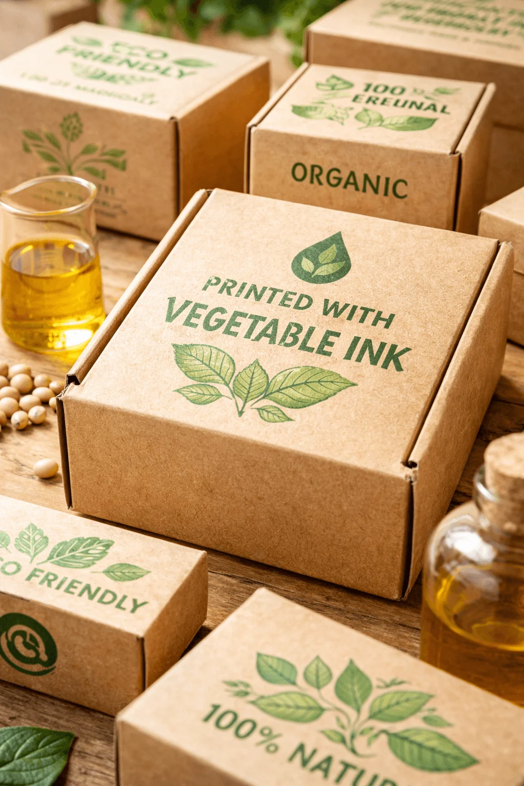 Kraft packaging boxes printed with vegetable based ink, featuring eco friendly labels and natural product branding with organic themes