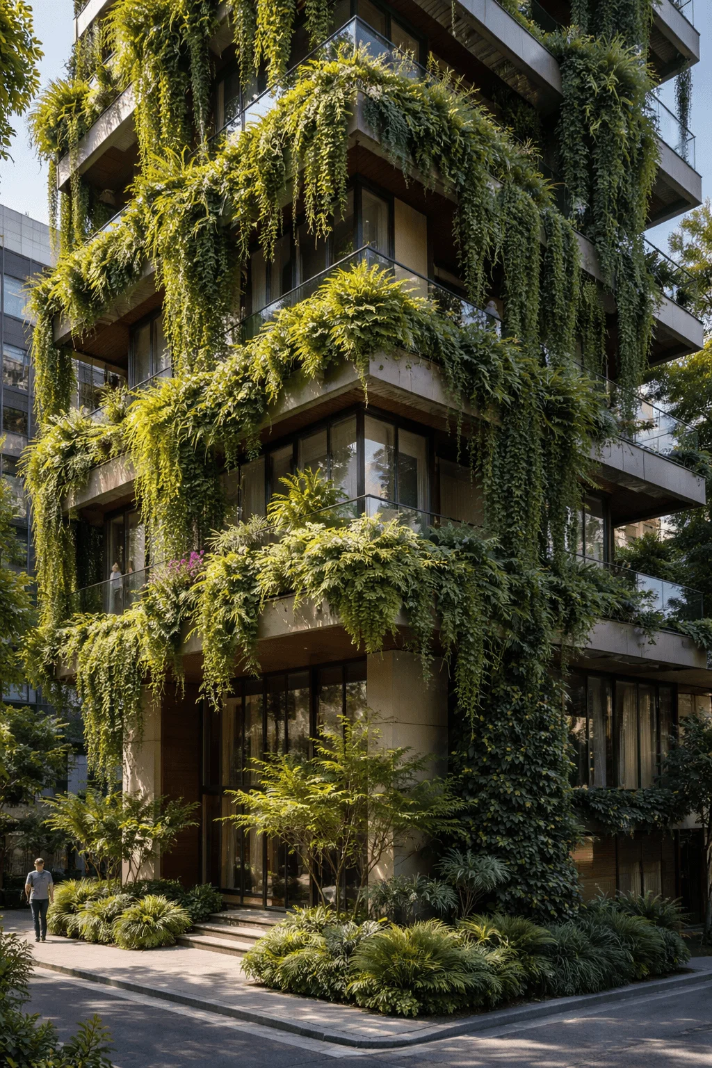 Modern building with vertical garden facades, featuring lush cascading plants and greenery covering balconies and exterior walls for sustainable urban architecture.