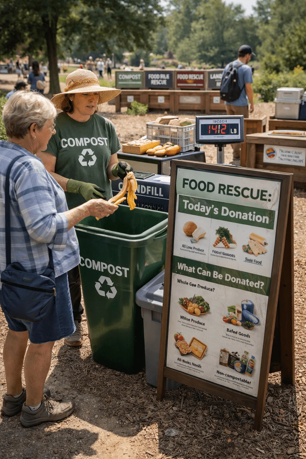 Volunteer assisting a visitor at a clearly labeled compost and food rescue station in a park with sorting bins donation signage and a digital scale displaying collected food weight while other waste streams are organized in the background