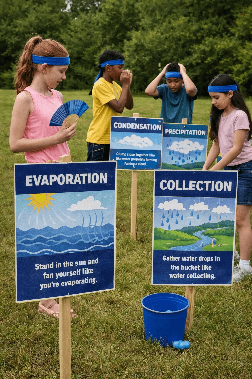 Children playing an outdoor educational game about the water cycle with signs for evaporation, condensation, precipitation, and collection.