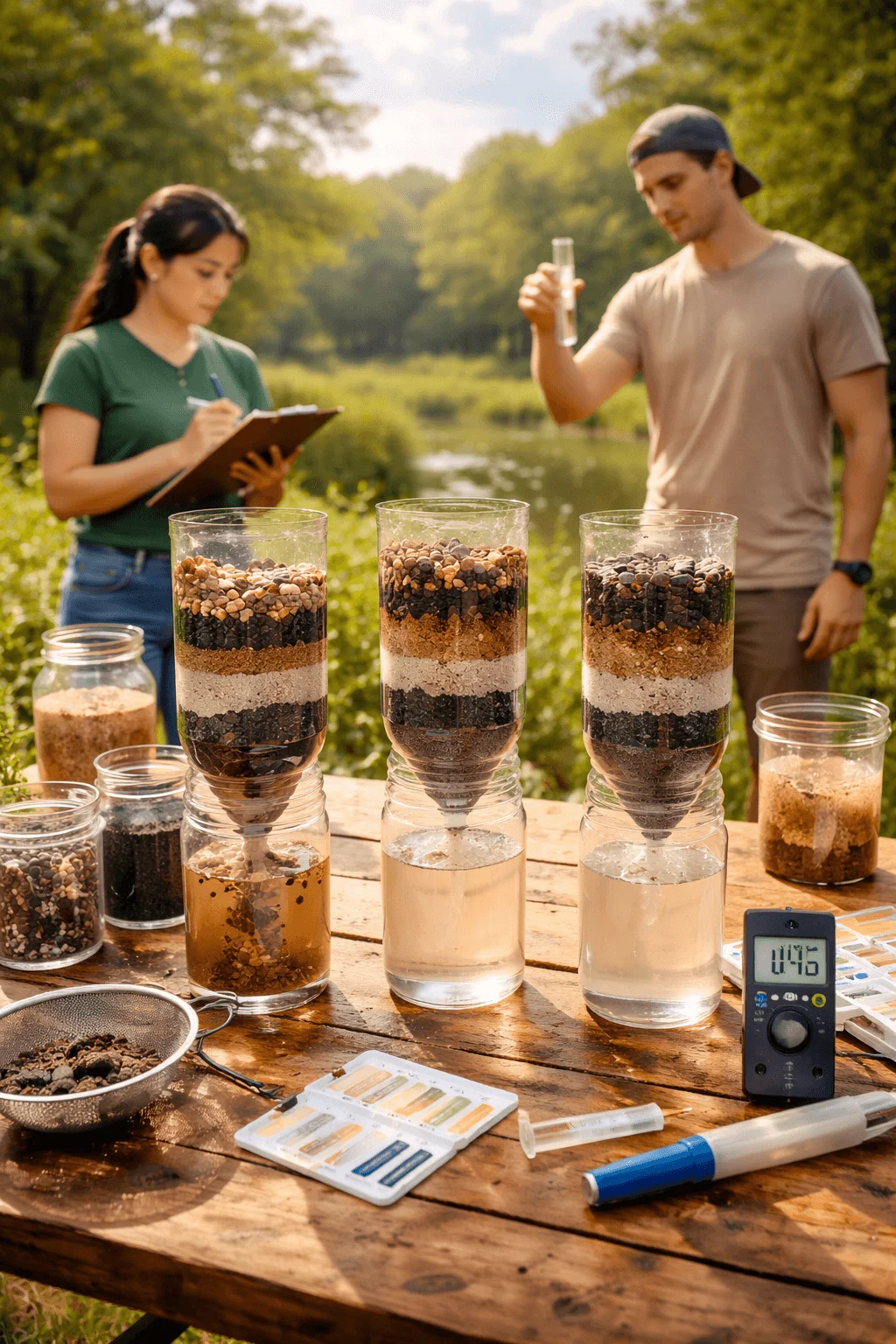 Two people conducting a field experiment near a stream, testing water purification using natural filter layers. On the table are several inverted bottle filters filled with layers of gravel, sand, and charcoal, filtering water into clear containers below. One person records observations on a clipboard while the other holds a test tube of water. Nearby are jars of filter materials, a water quality testing kit, a digital meter, and other lab tools used to analyze the filtered water.