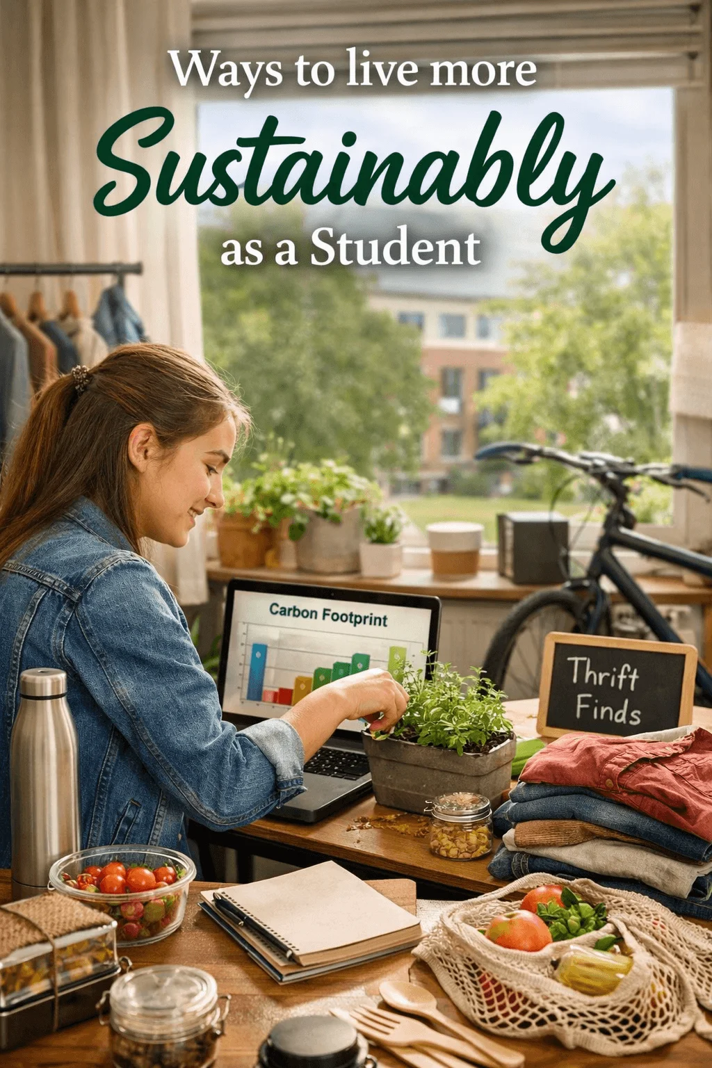 Student sitting at a desk caring for a small plant while using a laptop showing a carbon footprint chart, surrounded by reusable containers, fresh food, thrifted clothes with a thrift finds sign, and a bicycle by a bright window with the title Ways to live more Sustainably as a Student above.