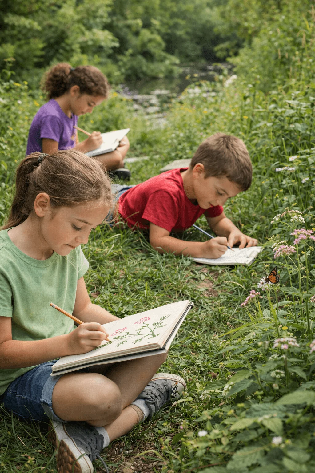 Three children sit on the grass near a stream observing nature and drawing plants and flowers in their sketchbooks. A butterfly rests on a nearby wildflower as they focus on carefully sketching the greenery around them.