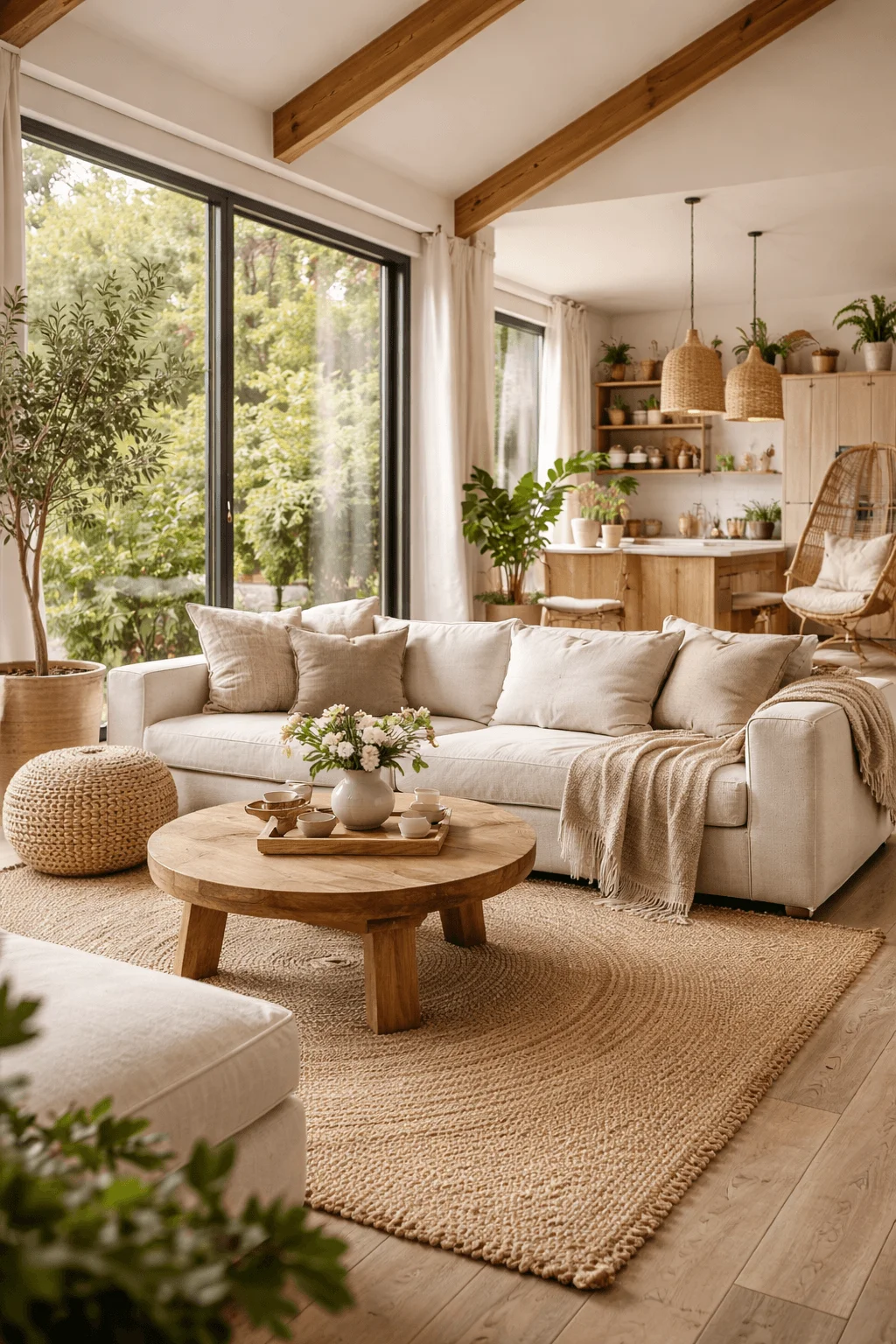A bright, wellness-focused eco home interior designed to promote comfort and well-being, featuring abundant natural light, natural wood finishes, indoor plants, and breathable natural materials that create a calm, healthy living environment.