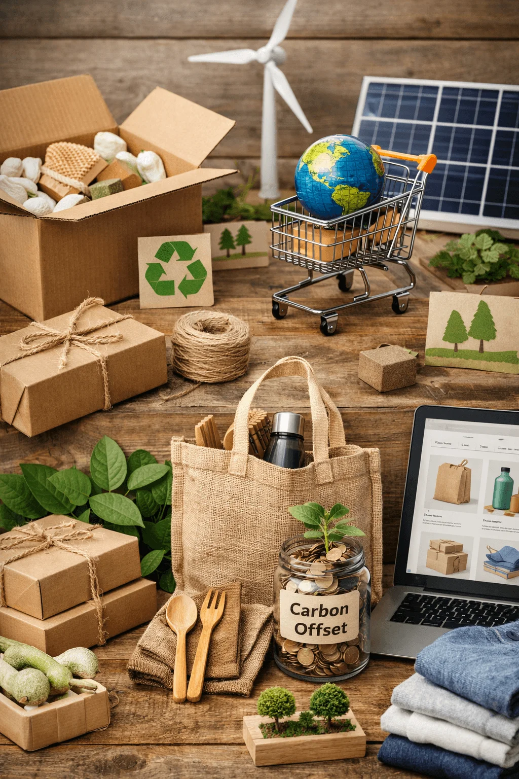 Flat lay of eco friendly ecommerce concept with recycled packaging boxes, reusable bag with bottle and bamboo utensils, carbon offset donation jar with plant, laptop shopping for sustainable products, small shopping cart with globe, solar panel, wind turbine model, and natural materials on a wooden table.