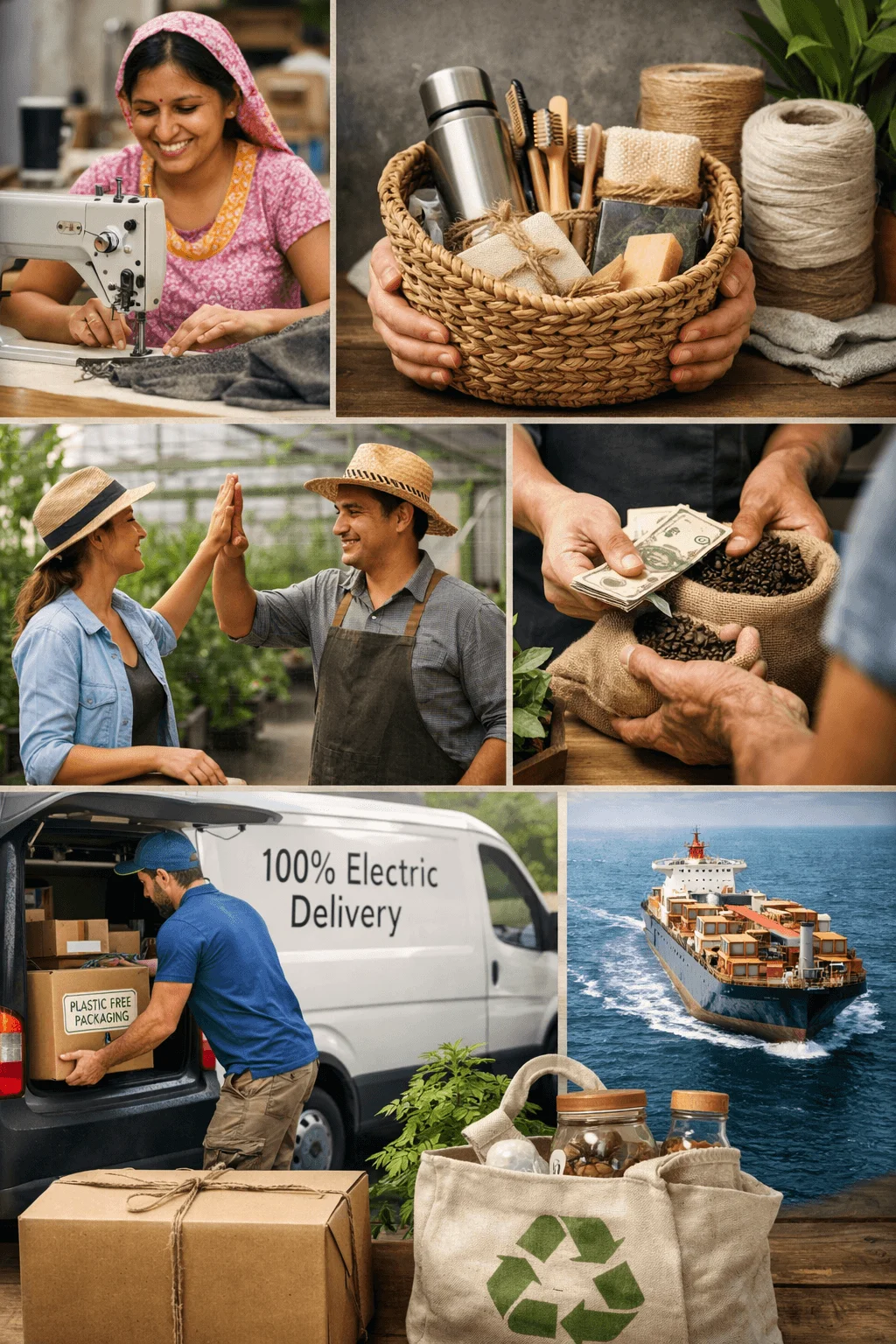 Collage showing an artisan sewing clothing, a basket of reusable eco friendly products, farmers celebrating in a greenhouse, fair payment for coffee beans, a worker loading plastic free packages into a 100 percent electric delivery van, a cargo ship transporting goods, and a reusable bag with recycling symbol.