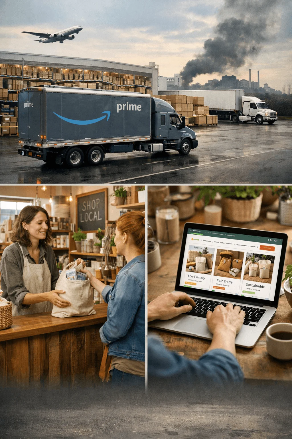 Collage showing Amazon Prime delivery trucks and warehouse with smoke pollution and airplane above, alongside scenes of a customer shopping at a local store with a shop local sign and a person browsing eco friendly fair trade and sustainable products on a laptop.