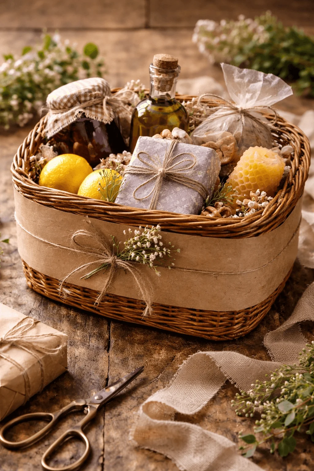 Wicker gift basket wrapped with a wide kraft paper band and twine filled with lemons olive oil jar honeycomb wrapped soap and homemade treats arranged on a rustic wooden table with herbs and craft tools