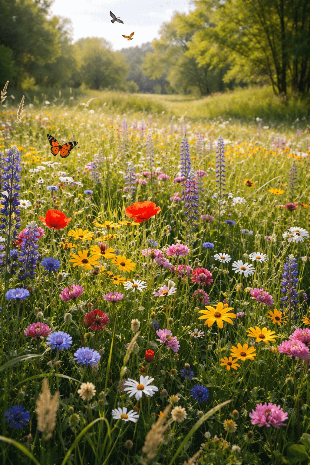 Colorful wildflower meadow filled with daisies poppies lupines and other native blooms with butterflies flying above in a sunny open field bordered by trees
