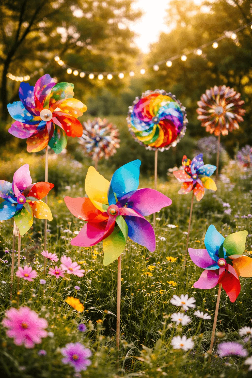 Colorful wind spinners and pinwheels placed among blooming wildflowers in a sunlit garden with string lights glowing softly in the background