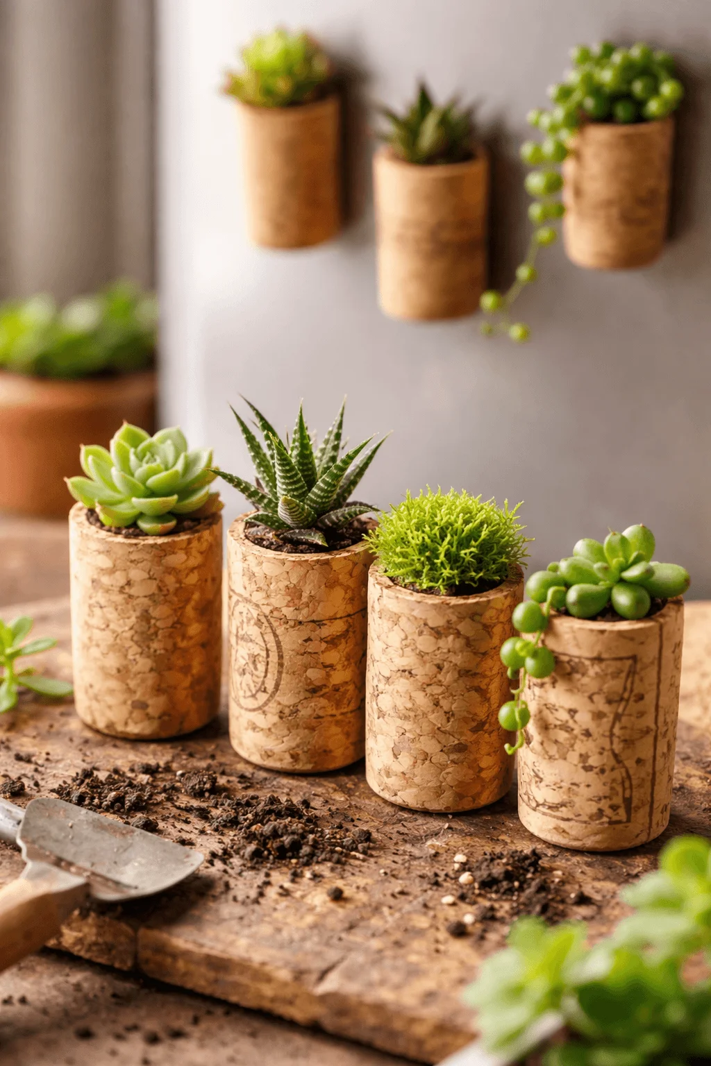 Mini planters made from recycled wine corks holding small succulents arranged on a rustic wooden surface