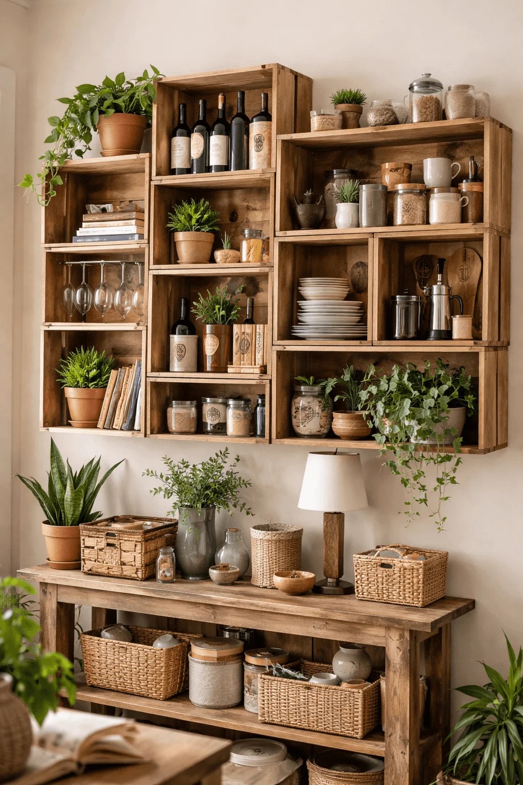 Upcycled wooden wine crate wall shelves used for kitchen storage with plants, jars, dishes, and wine bottles in a rustic interior.