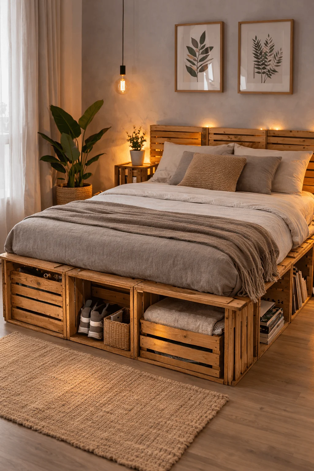 Bed frame made from stacked wooden crates with built-in storage in a warm, cozy bedroom.