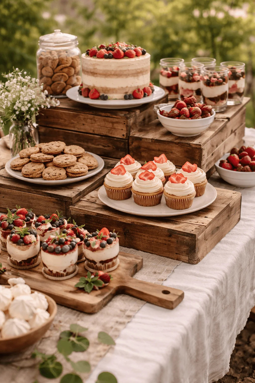 Rustic dessert table styled with stacked wooden crates displaying a naked layer cake topped with fresh berries strawberry cupcakes parfait jars cookies and bowls of strawberries arranged outdoors with soft natural greenery in the background