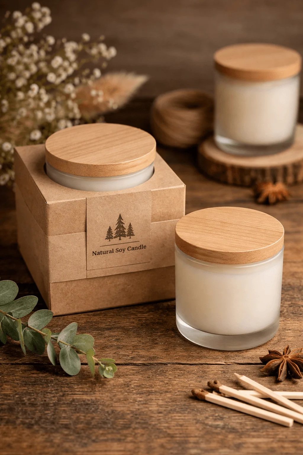 Natural soy candles in glass jars with wooden lids, packaged in simple kraft boxes with a minimalist eco friendly design