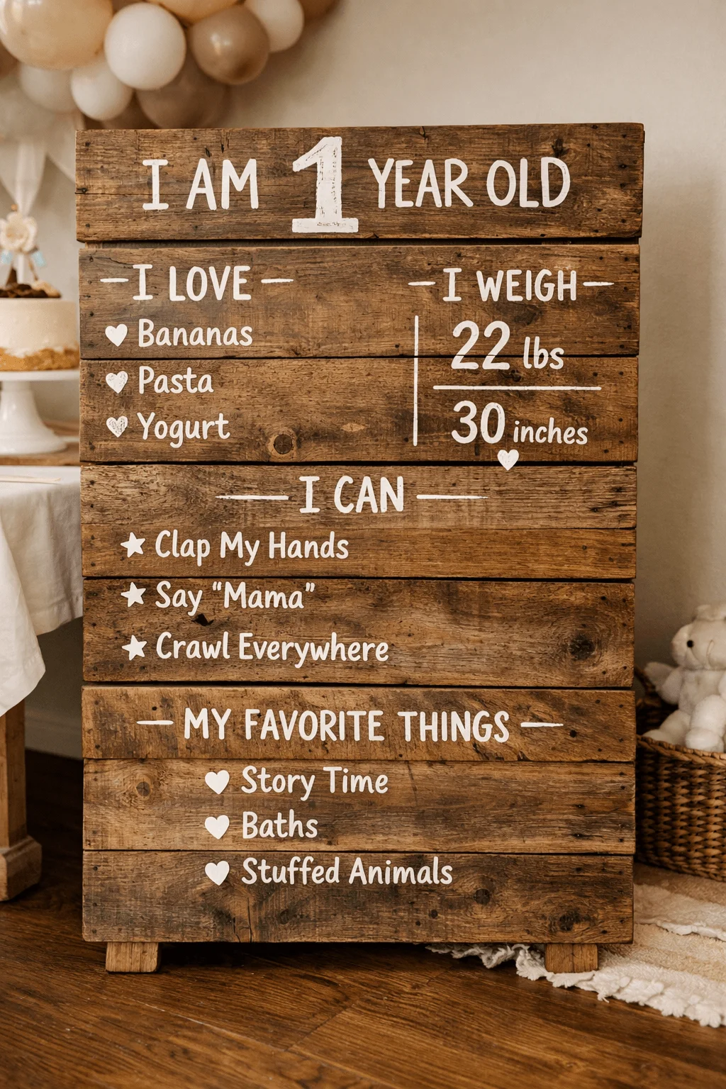 Rustic wooden milestone board for a first birthday displaying baby details including favorite foods abilities weight height and favorite things set indoors with balloons cake and soft toys in the background