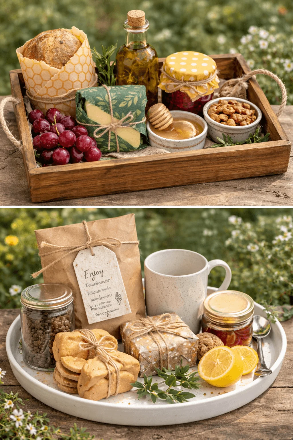 Rustic wooden tray and ceramic serving plate arranged with eco friendly gift basket items including bread olive oil honey jam grapes cookies coffee beans and wrapped treats styled outdoors with wildflowers in the background