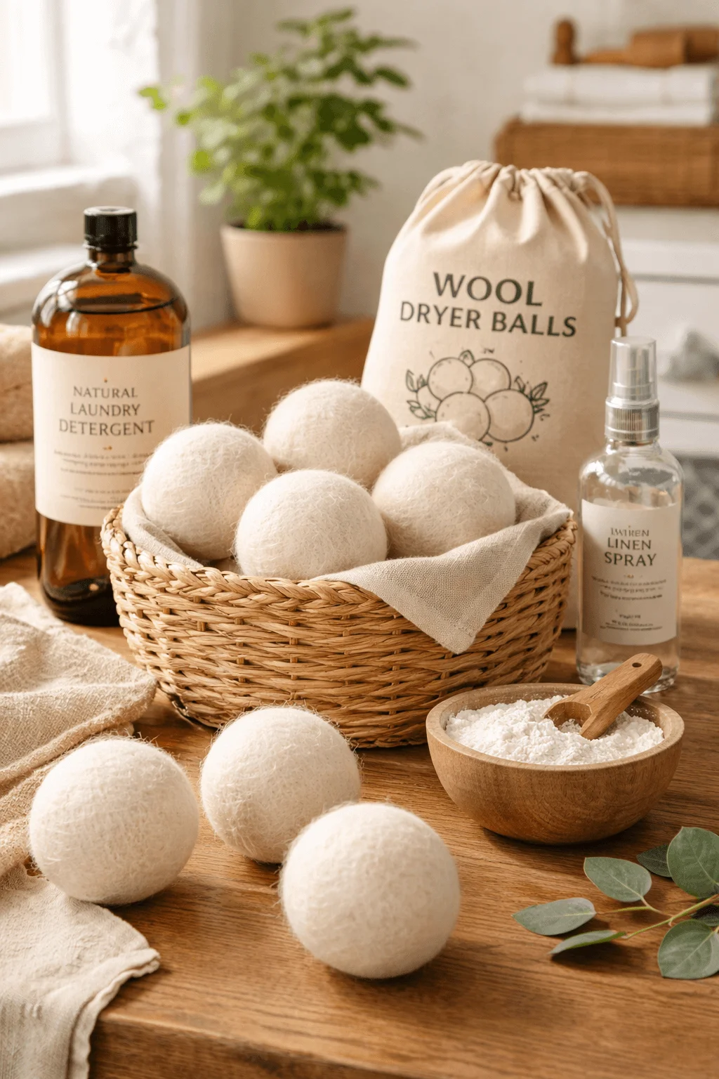 Eco-friendly laundry kit featuring wool dryer balls in a woven basket with a cotton storage bag labeled wool dryer balls alongside natural laundry detergent linen spray and baking soda on a wooden table in a bright minimalist laundry space