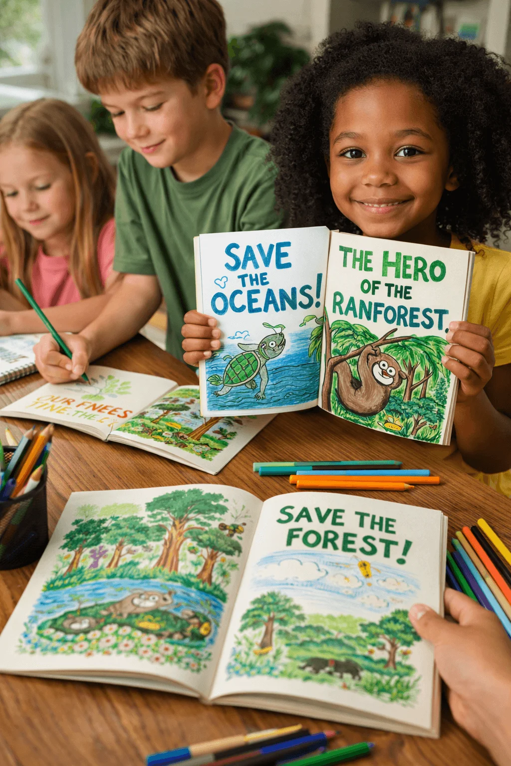 Three children sitting at a table creating illustrated eco themed storybooks. One child smiles while holding up an open book with colorful drawings and titles that read Save the Oceans and The Hero of the Rainforest. Other pages on the table show drawings with messages like Save the Forest as the children color and write with pencils and markers.