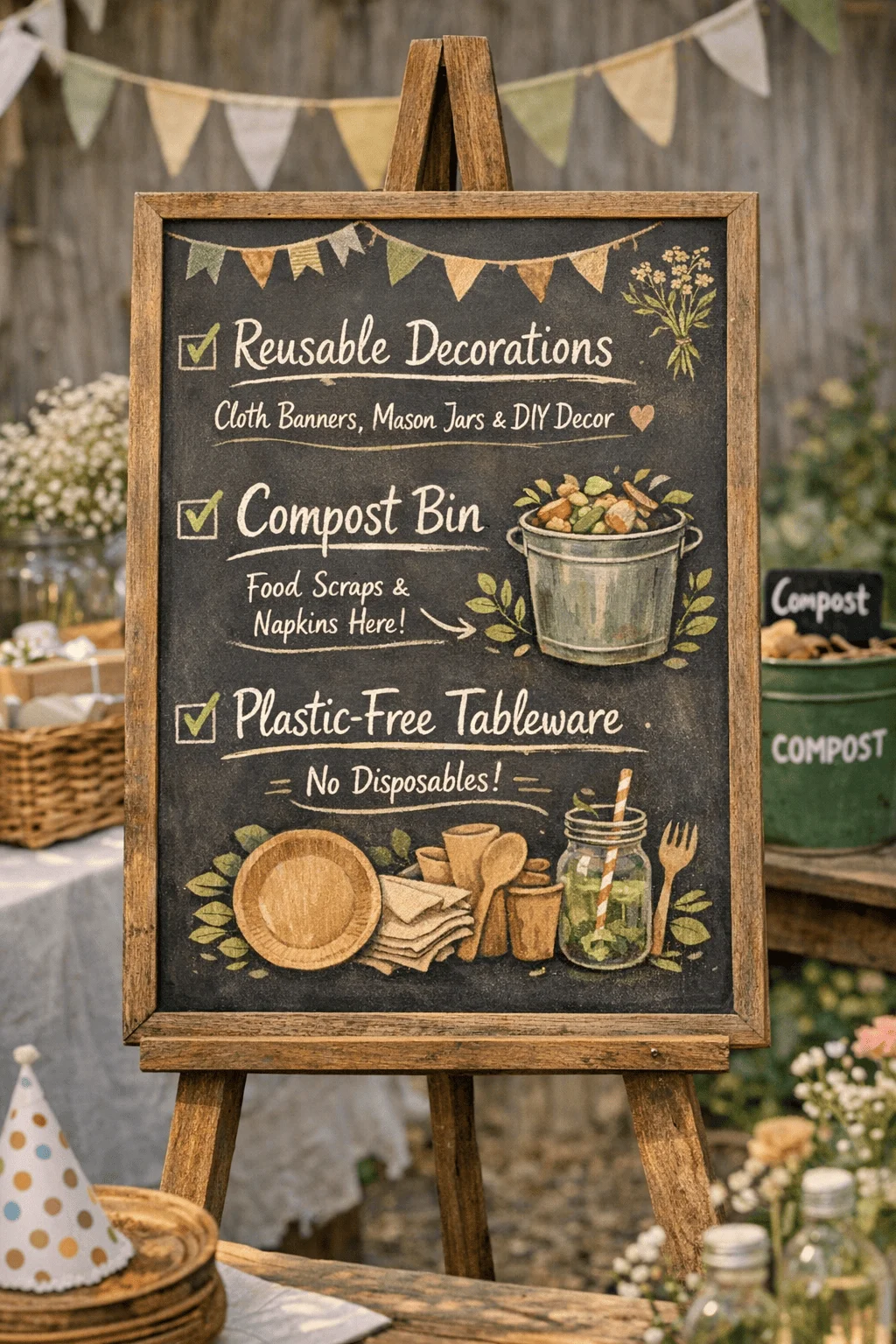 Chalkboard sign on wooden easel displaying zero waste birthday decorations checklist with reusable decorations compost bin and plastic free tableware surrounded by rustic party setup mason jars wooden plates cloth napkins bunting and garden backdrop