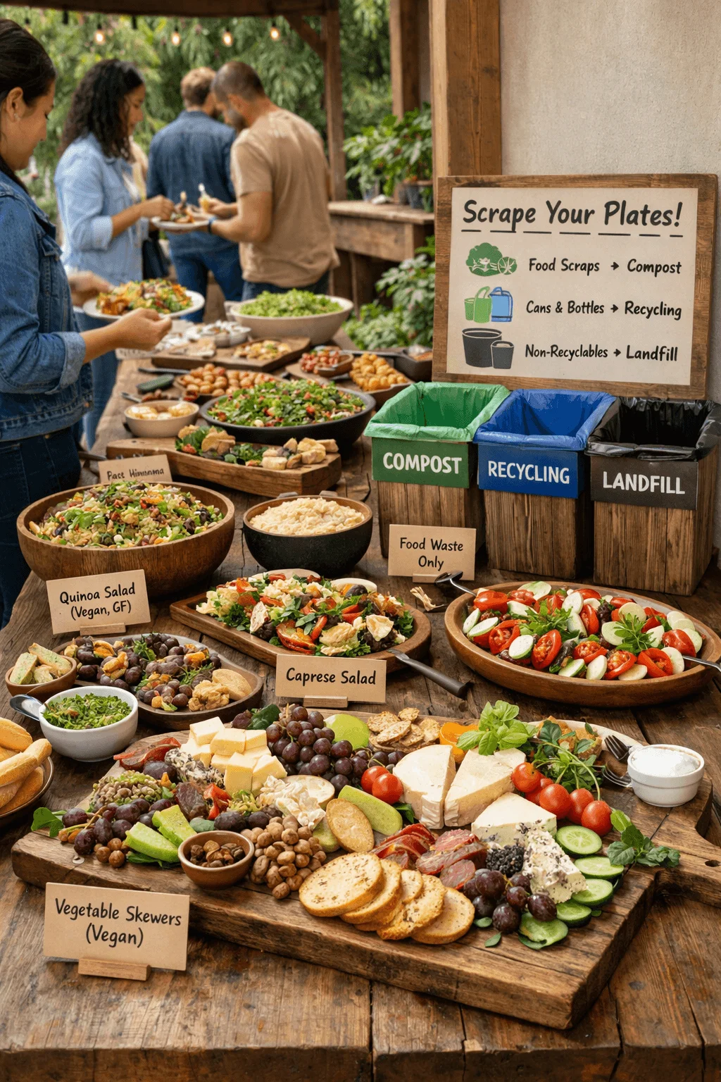 Outdoor buffet table with vegan quinoa salad caprese salad vegetable skewers cheeses fruit and bread displayed on wooden boards beside clearly labeled compost recycling and landfill bins and a sign that says Scrape Your Plates with sorting instructions while guests serve themselves in the background