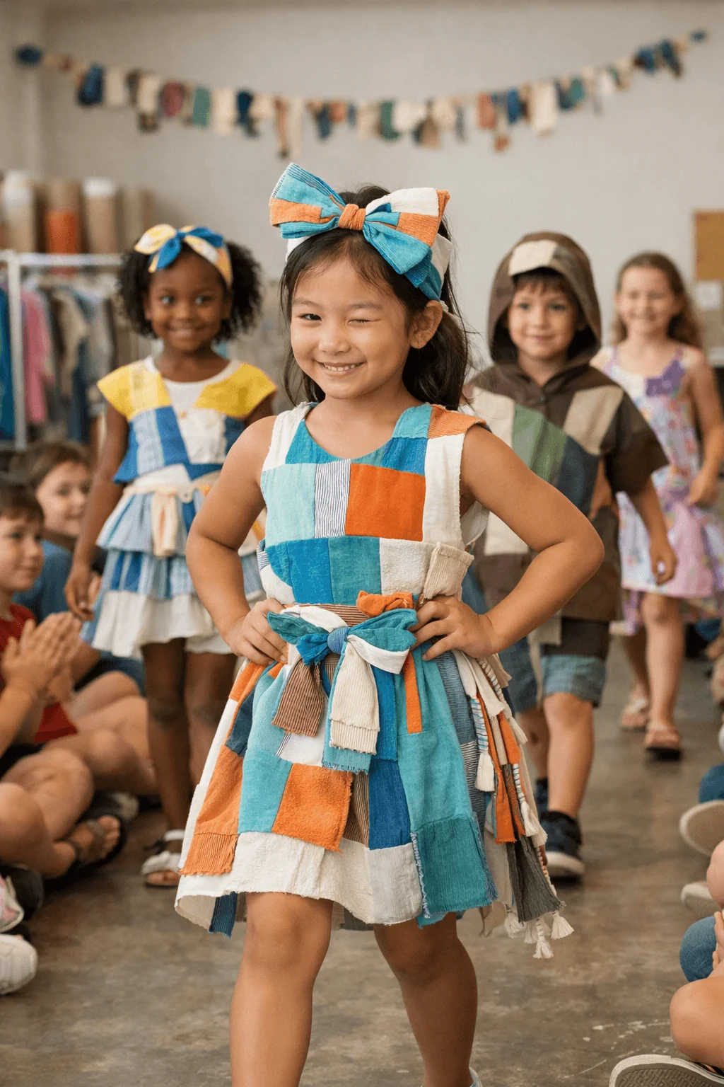 A child walking confidently on a classroom runway wearing a colorful patchwork dress and matching headband made from fabric scraps while other children model zero waste outfits and classmates watch and clap in the background.