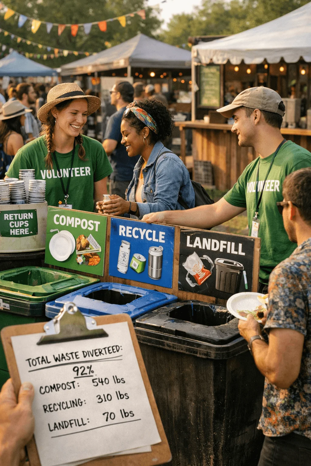 Volunteers at an outdoor festival guiding guests at compost recycle and landfill sorting stations with return cups sign visible and a clipboard showing total waste diverted statistics in the foreground