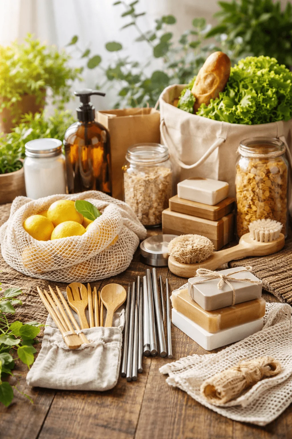 Collection of zero waste household products on a wooden table including reusable produce bags lemons bamboo utensils metal straws glass jars natural soap brushes and eco friendly containers with fresh groceries in the background.