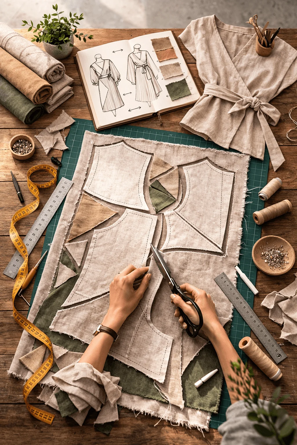 Zero waste fashion design process with sustainable fabric pattern cutting, natural textiles, sewing tools, and garment sketches focused on minimizing fabric waste.
