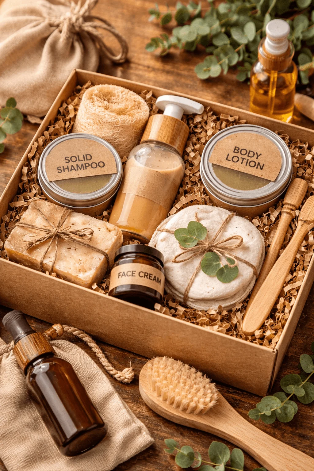 Zero waste self care gift box arranged in a cardboard package with natural shredded paper featuring solid shampoo bar handmade soap body lotion face cream reusable cotton pads wooden brushes and bamboo skincare tools highlighting an eco friendly sustainable personal care set
