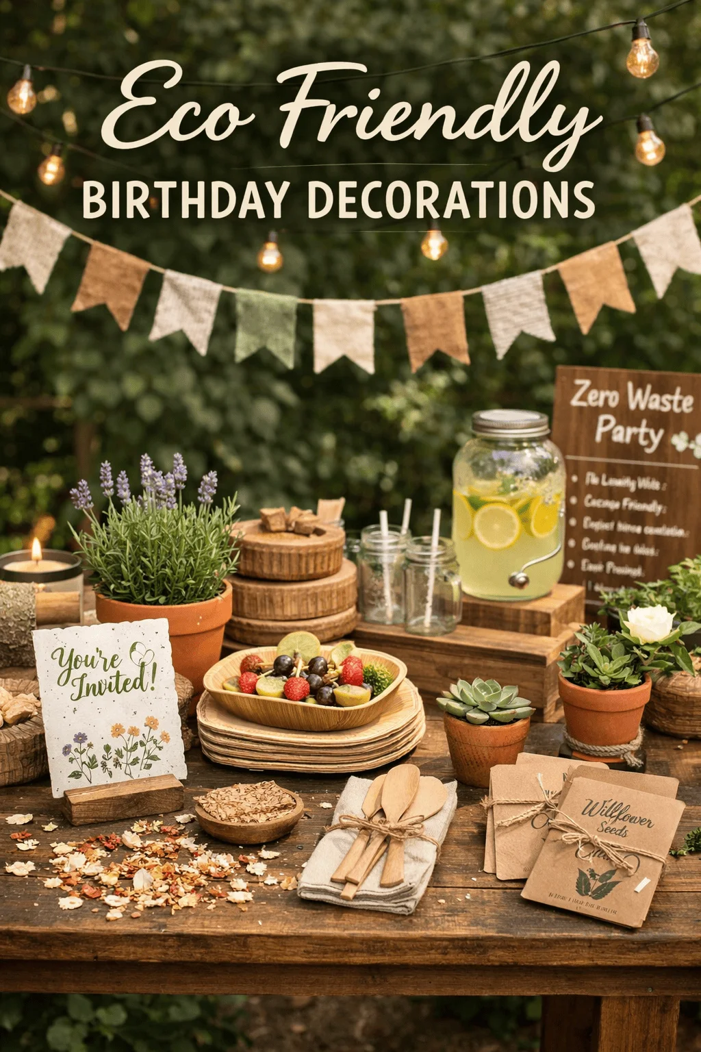 Eco Friendly Birthday Decorations display with rustic wooden table setup featuring reusable bunting string lights potted plants wooden plates and cutlery glass jars with lemonade fresh fruit plantable invitation cards and zero waste party sign in an outdoor garden setting