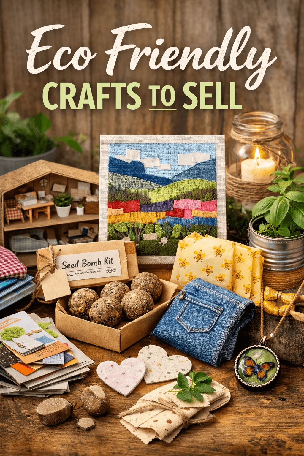 Collection of eco friendly handmade crafts to sell including seed bomb kits recycled paper cards fabric items upcycled denim accessories and nature inspired decorations displayed on a rustic table with plants and sustainable materials.