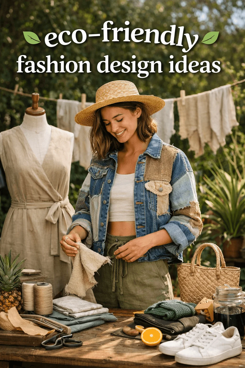 Eco-friendly fashion design ideas featuring sustainable fabrics, upcycled denim jacket, natural dyes, and handmade clothing pieces in an outdoor creative workspace.