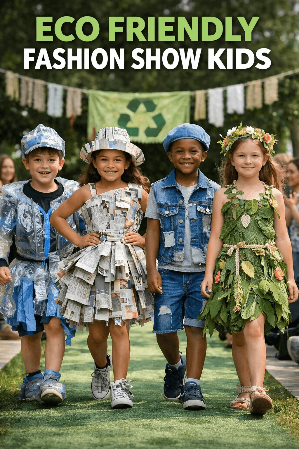 Four children walking on an outdoor runway at an eco friendly fashion show wearing outfits made from recycled plastic newspaper denim and leaves with a recycling banner in the background and the title Eco Friendly Fashion Show Kids above them.