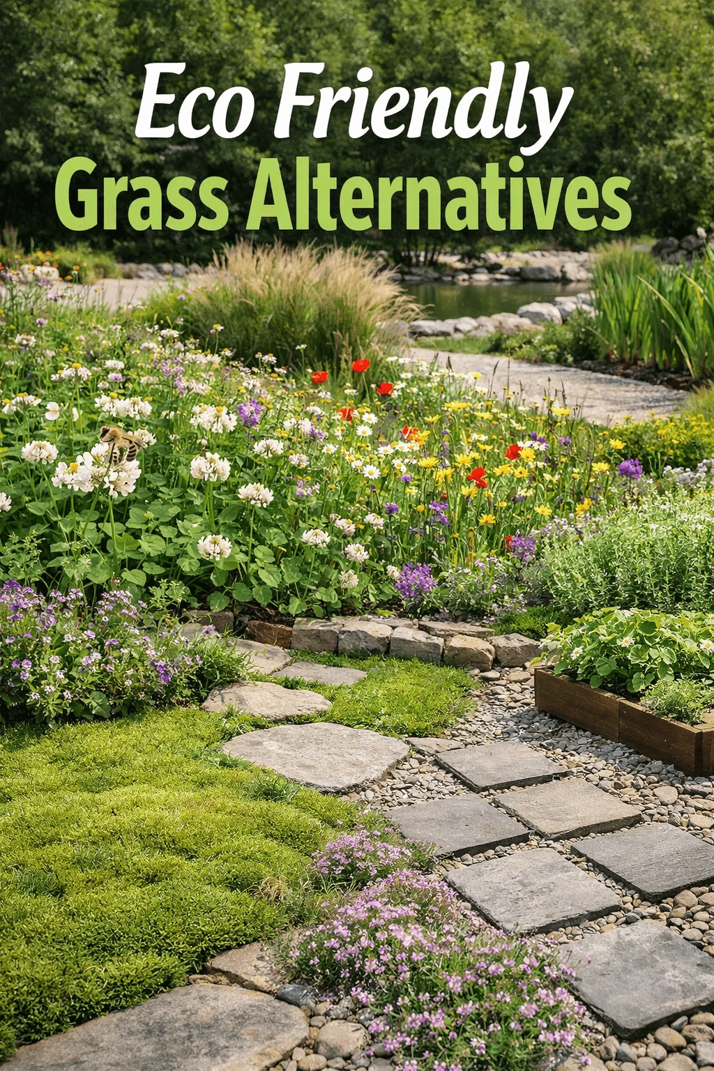 Lush garden with wildflowers clover and native plants replacing traditional lawn alongside a stone pathway and small pond with the text Eco Friendly Grass Alternatives displayed at the top