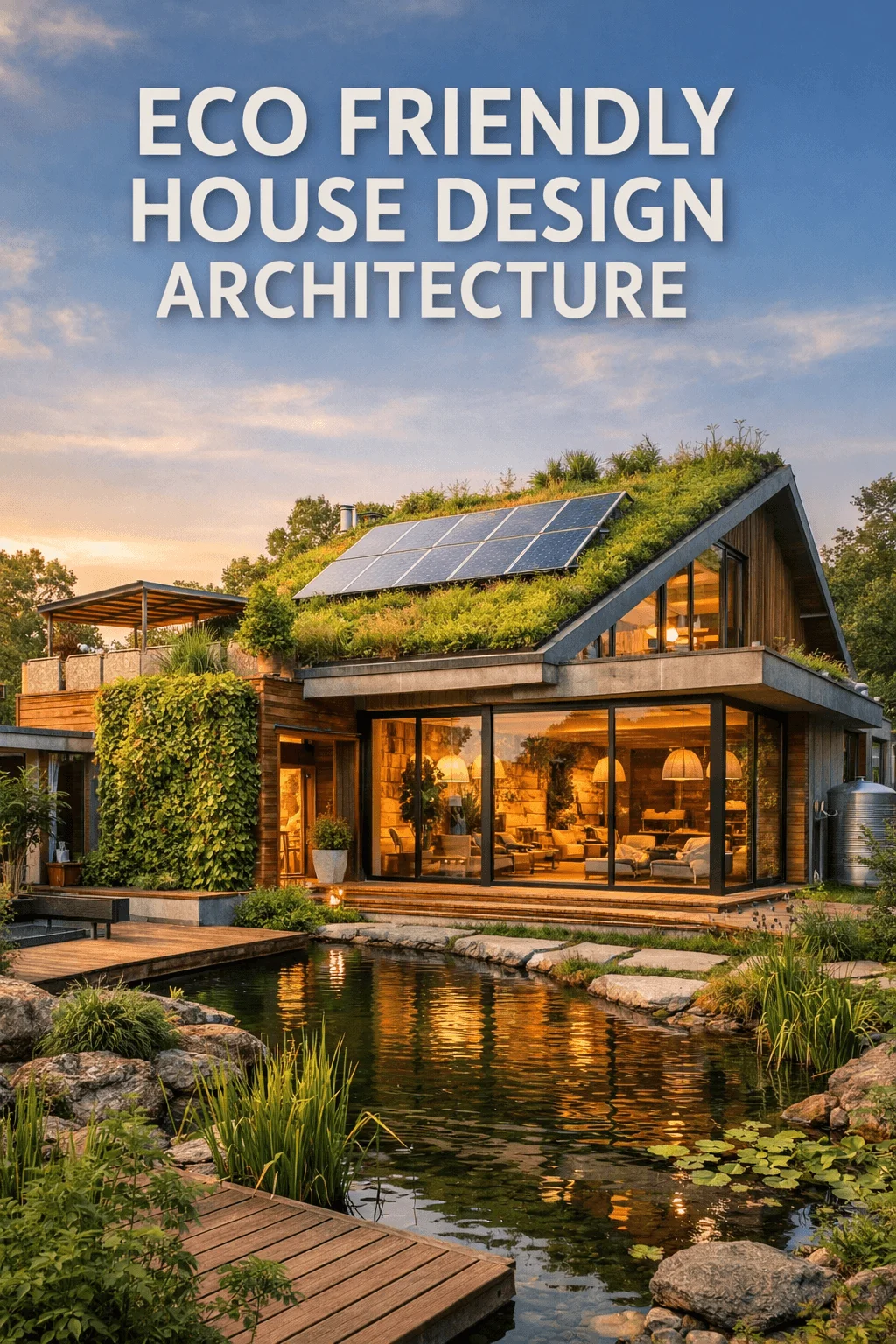 Eco-friendly house design architecture featuring a modern sustainable home with a green roof, solar panels, large glass windows, and a natural pond landscape.