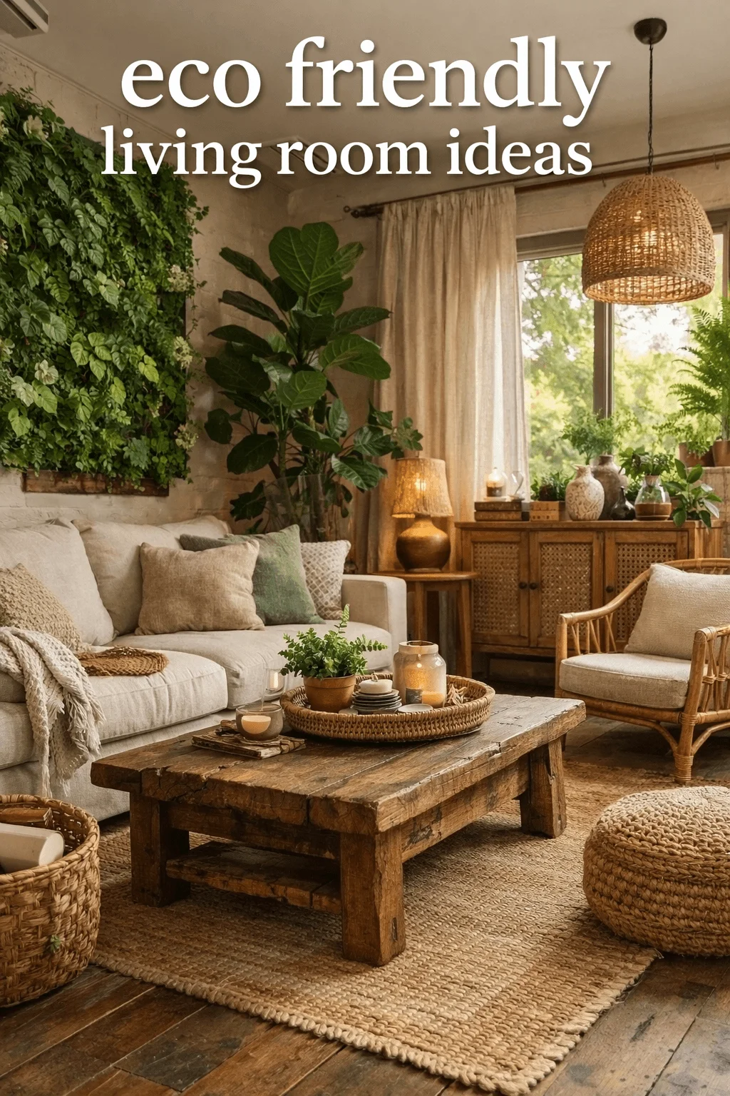 Eco friendly living room with natural wood furniture indoor plants woven textures soft neutral sofa rustic coffee table and warm natural lighting near a window with curtains and greenery.