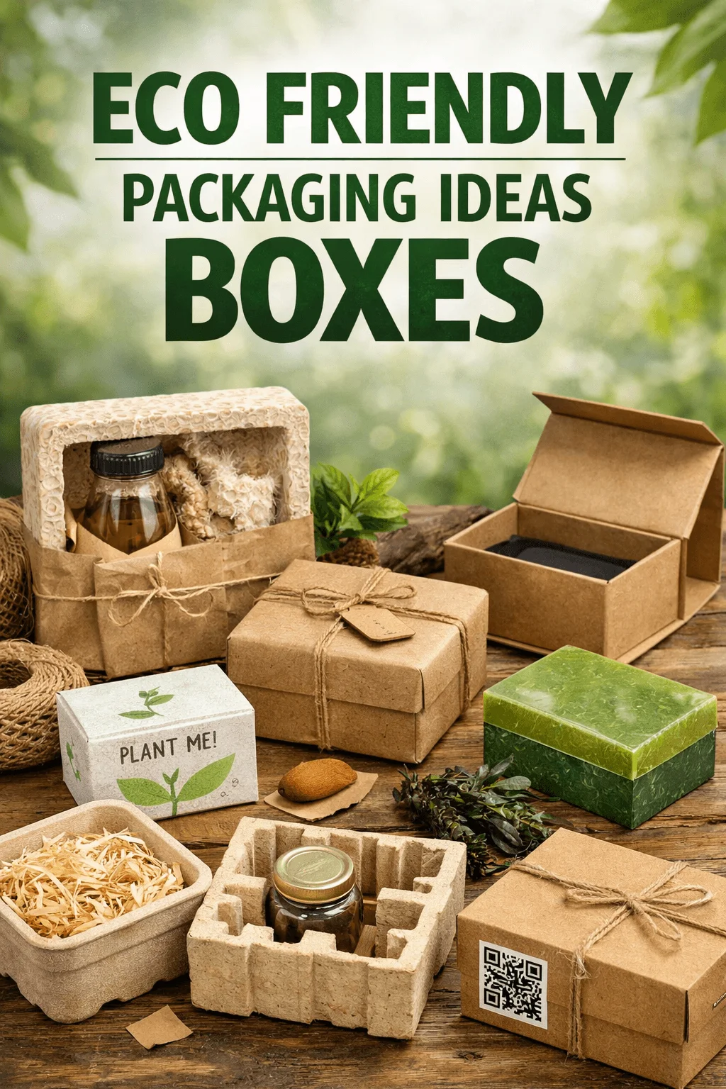 Assorted eco friendly packaging boxes made from kraft paper, molded pulp, and biodegradable materials, displayed with natural elements and sustainability theme text “Eco Friendly Packaging Ideas Boxes”