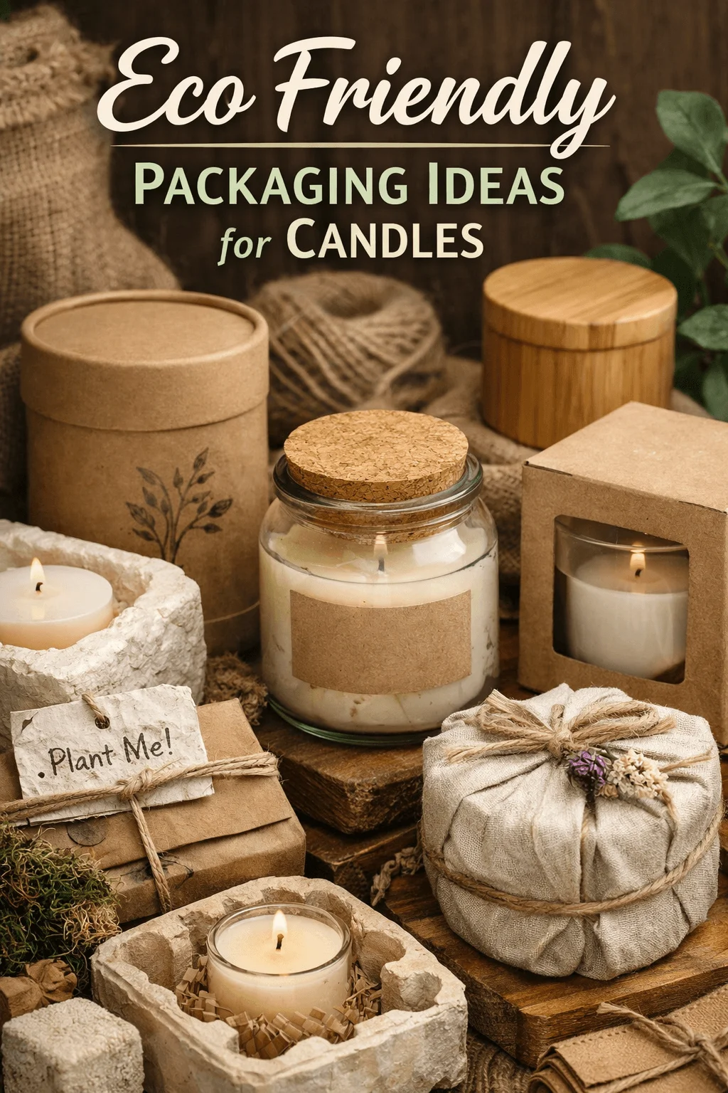 Eco friendly candle packaging ideas using recycled paper boxes, glass jars with cork lids, fabric wraps, and biodegradable materials arranged on a rustic wooden surface