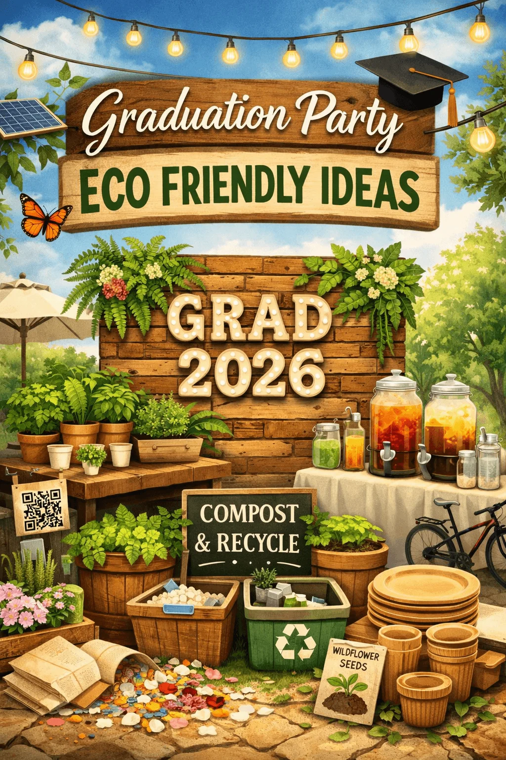 Illustrated poster for a graduation party with eco friendly ideas featuring a wooden sign that says Graduation Party Eco Friendly Ideas and Grad 2026 surrounded by plants string lights solar panel butterfly compost and recycle bins glass drink dispensers reusable wooden plates wildflower seeds and a bicycle in a garden setting